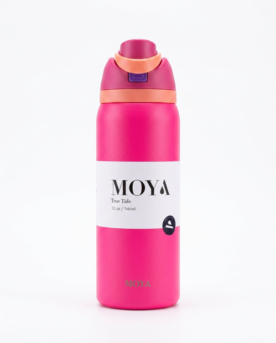Moya "True Tide"  32oz Insulated Sustainable Water Bottle Hot Pink