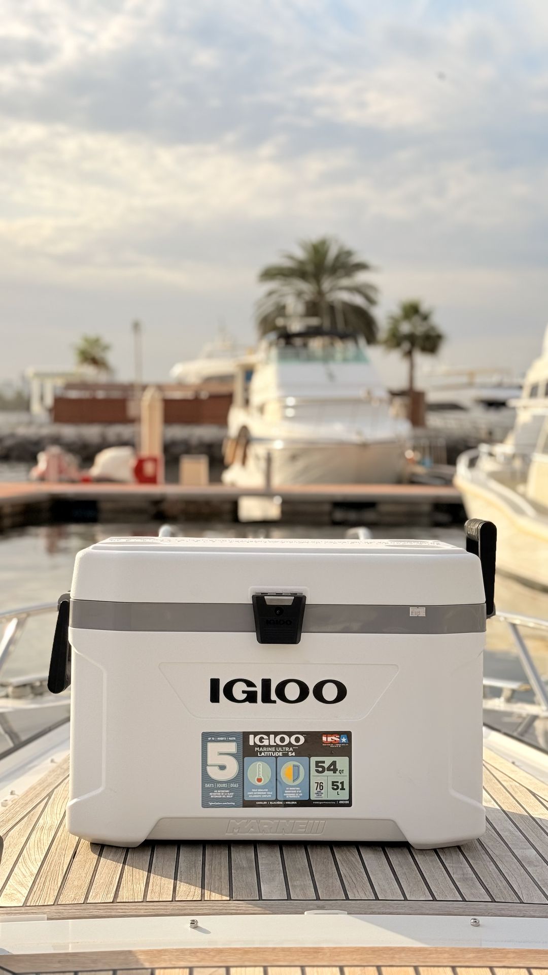 Igloo marine cooler on a boat deck in Dubai