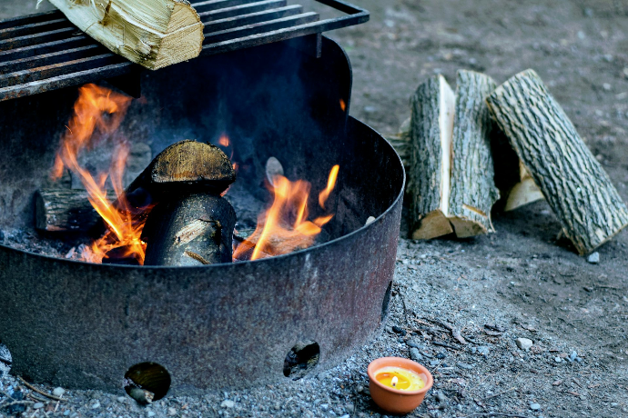 Hardwood logs burning in a fire pit