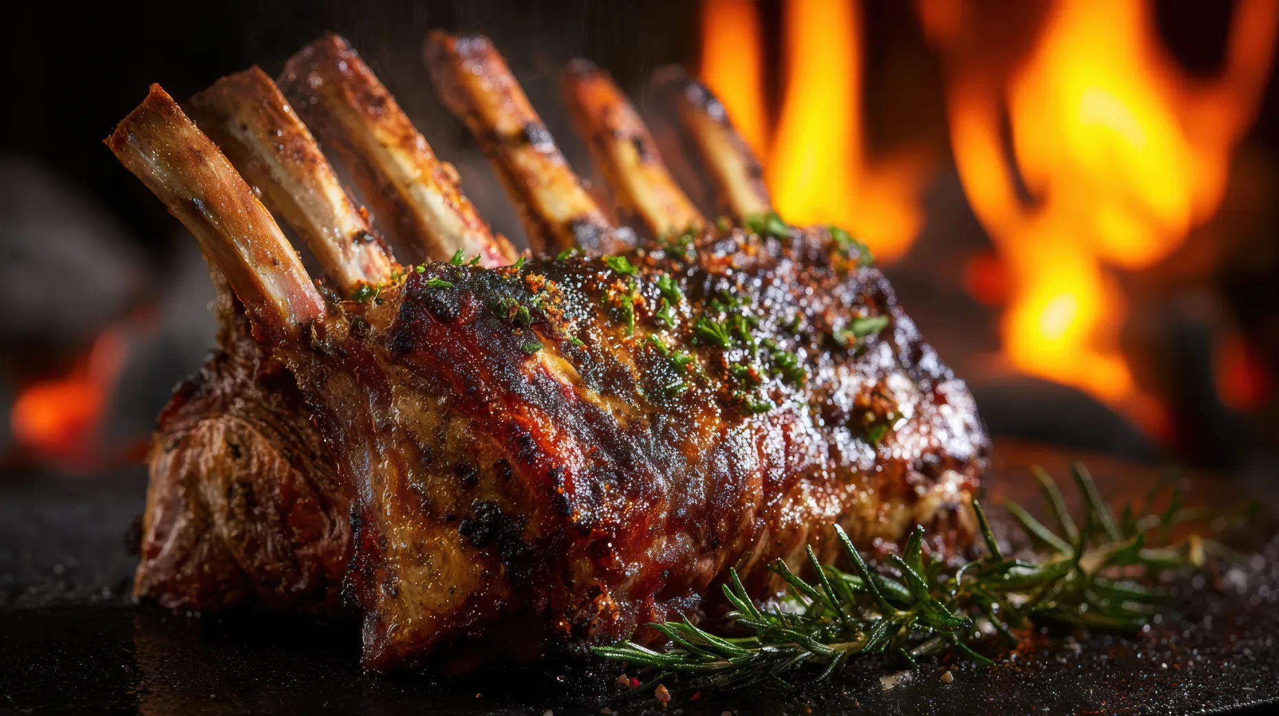Beef ribs cooking over a live fire