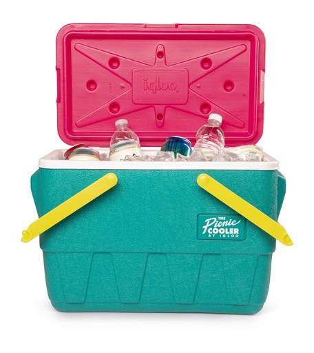 IGLOO-Retro Jade 25 Qt Lunch Picnic Basket Cooler - Dark Jade /Bold Magenta /Livewire Yellow - DISC
