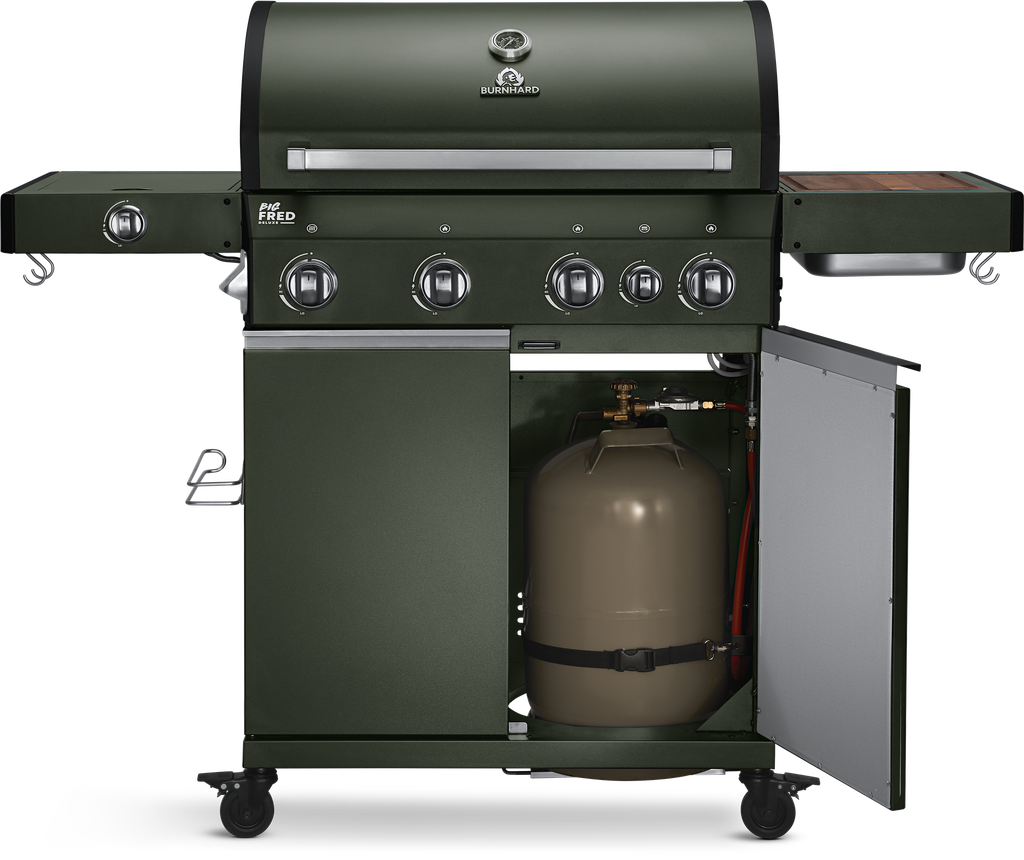 [945638] Burnhard Big FRED - Deluxe Gas Grill 4-Burner Green Edition - CastGrates Image 