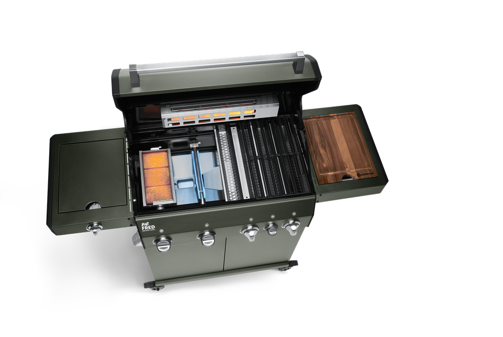 [945638] Burnhard Big FRED - Deluxe Gas Grill 4-Burner Green Edition - CastGrates Image 