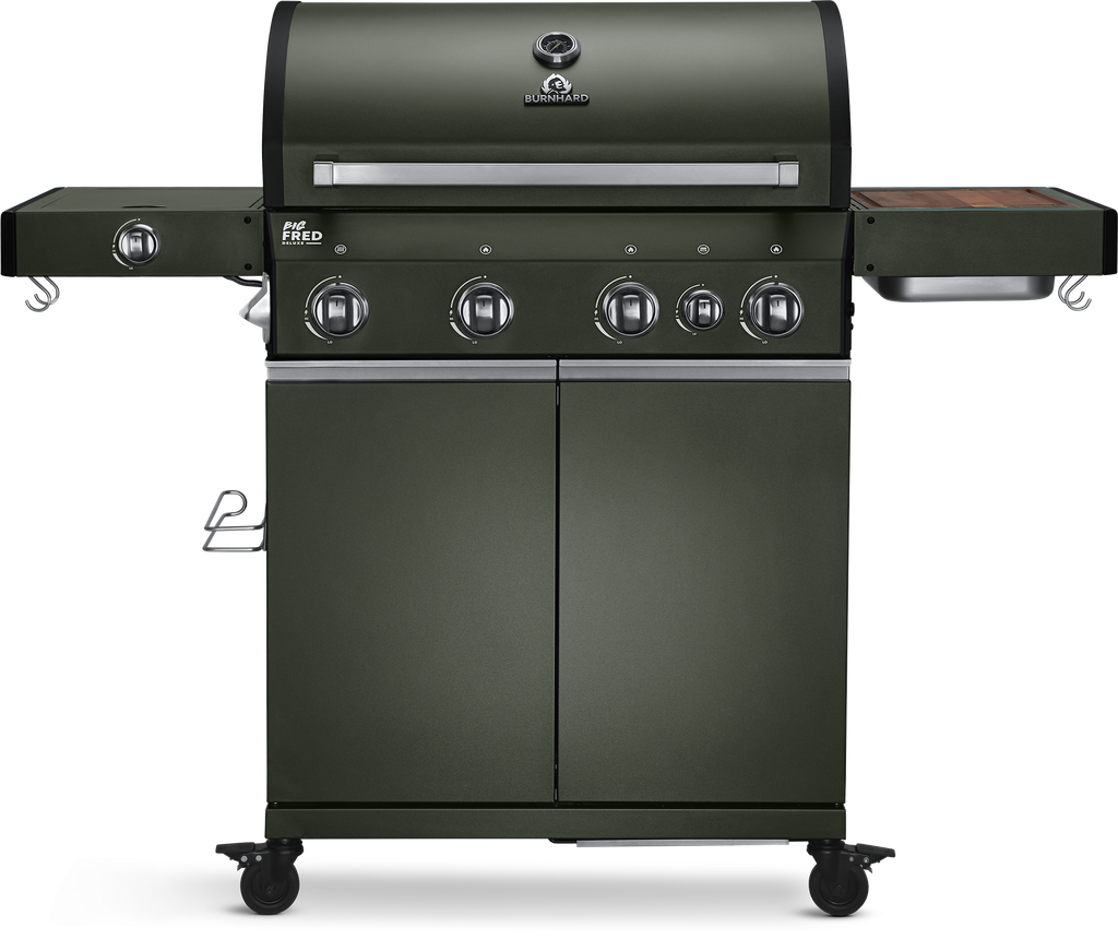 [945638] Burnhard Big FRED - Deluxe Gas Grill 4-Burner Green Edition - CastGrates Image 