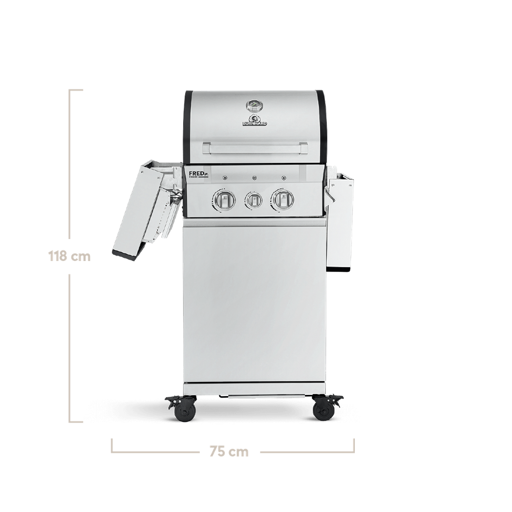 [945506] Burnhard FRED Jr. - 2-Burner Gas Grill Deluxe Stainless Steel - Series 3 with Cast Iron Grate Image 