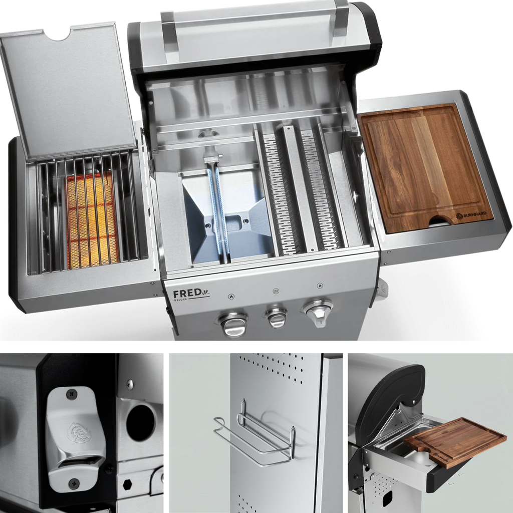 [945506] Burnhard FRED Jr. - 2-Burner Gas Grill Deluxe Stainless Steel - Series 3 with Cast Iron Grate Image 