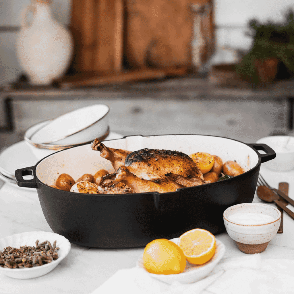 [CKW-1102] BareBones - Enamel Lined Cast Iron Roaster - Vintage White Image 