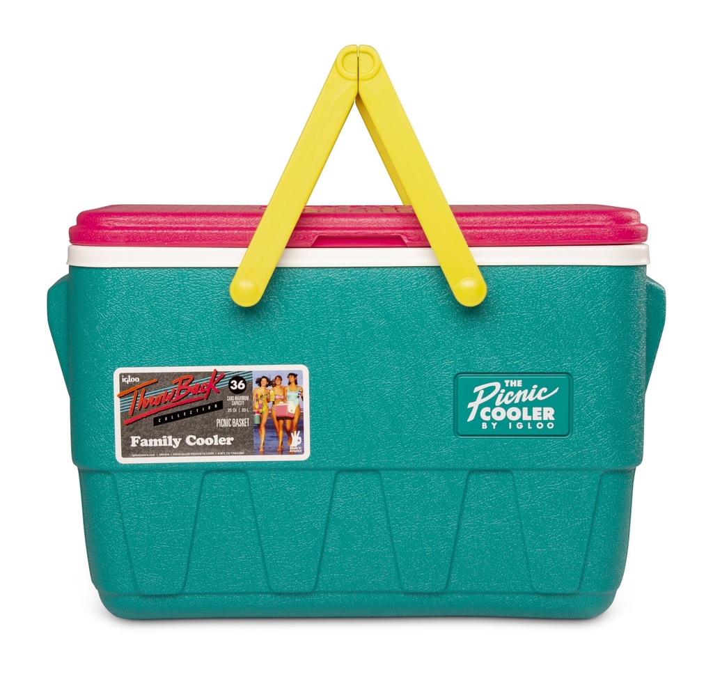 IGLOO-Retro Jade 25 Qt Lunch Picnic Basket Cooler - Dark Jade /Bold Magenta /Livewire Yellow - DISC